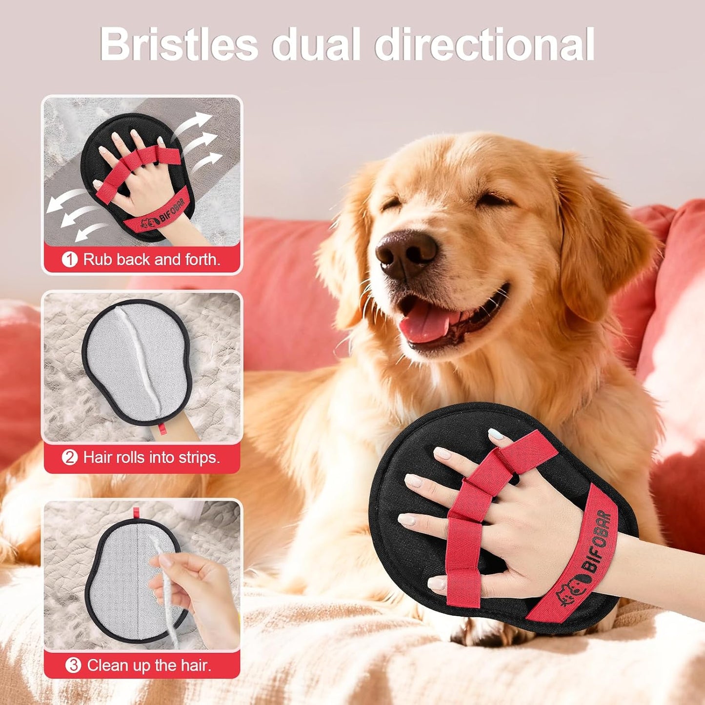 Reusable pet fur removal glove cleaning cat hair off carpet and rug