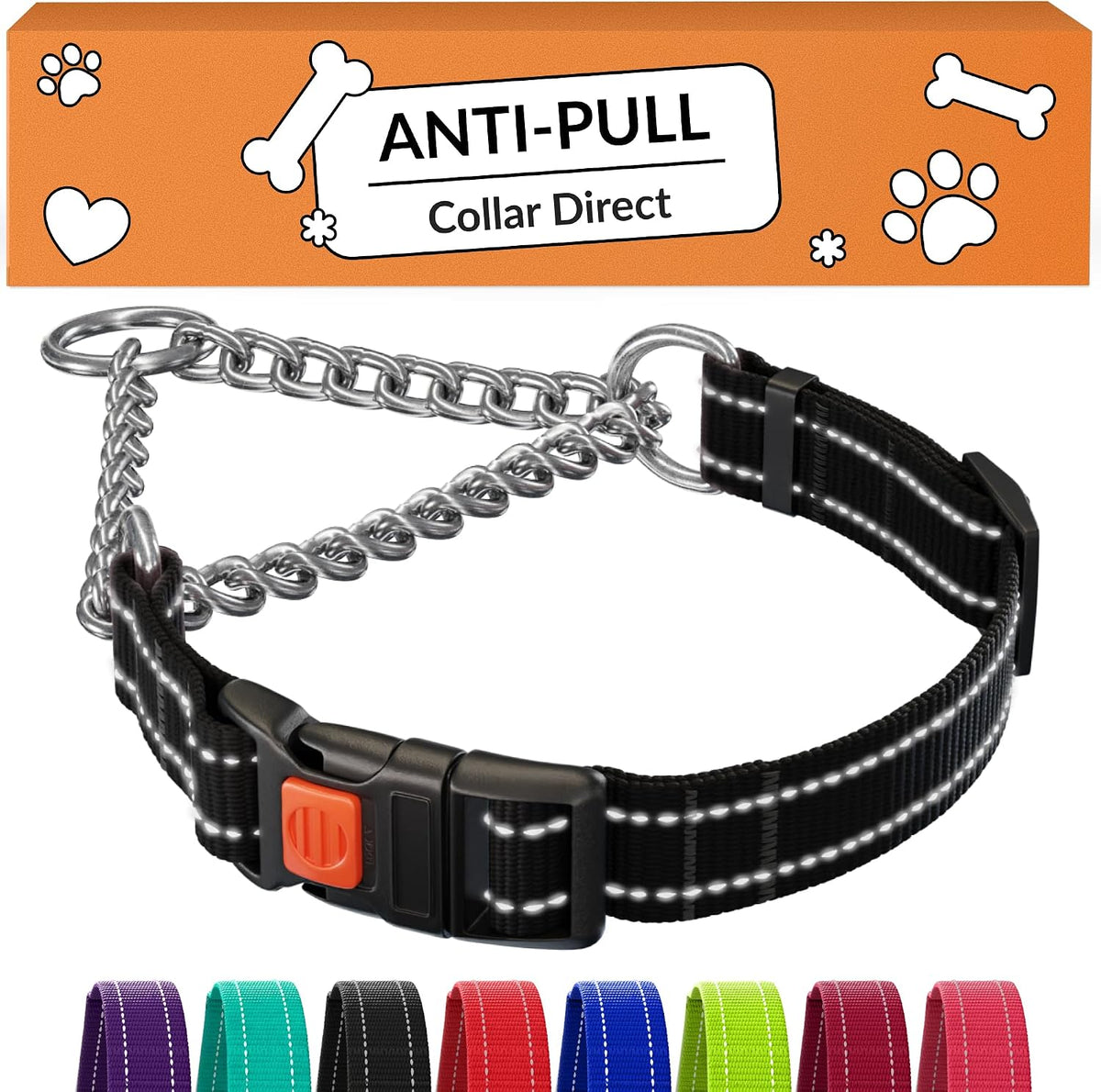 CollarDirect Martingale Dog Collar Heavy Duty Nylon Slip Collars for Small Medium Large Dogs [Stainless Steel Chain and Quick Release Buckle, Reflective, Pink, L, 17"-22"] - Image 9