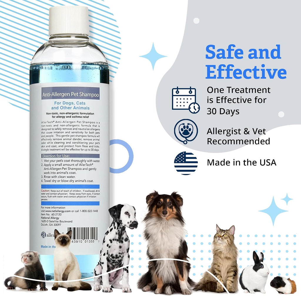Close up of Allertech pet shampoo label detailing allergy relief features
