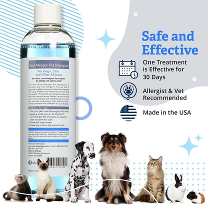 Close up of Allertech pet shampoo label detailing allergy relief features