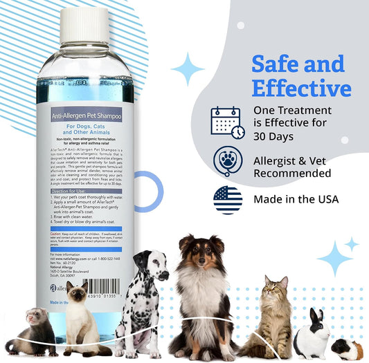 Close up of Allertech pet shampoo label detailing allergy relief features