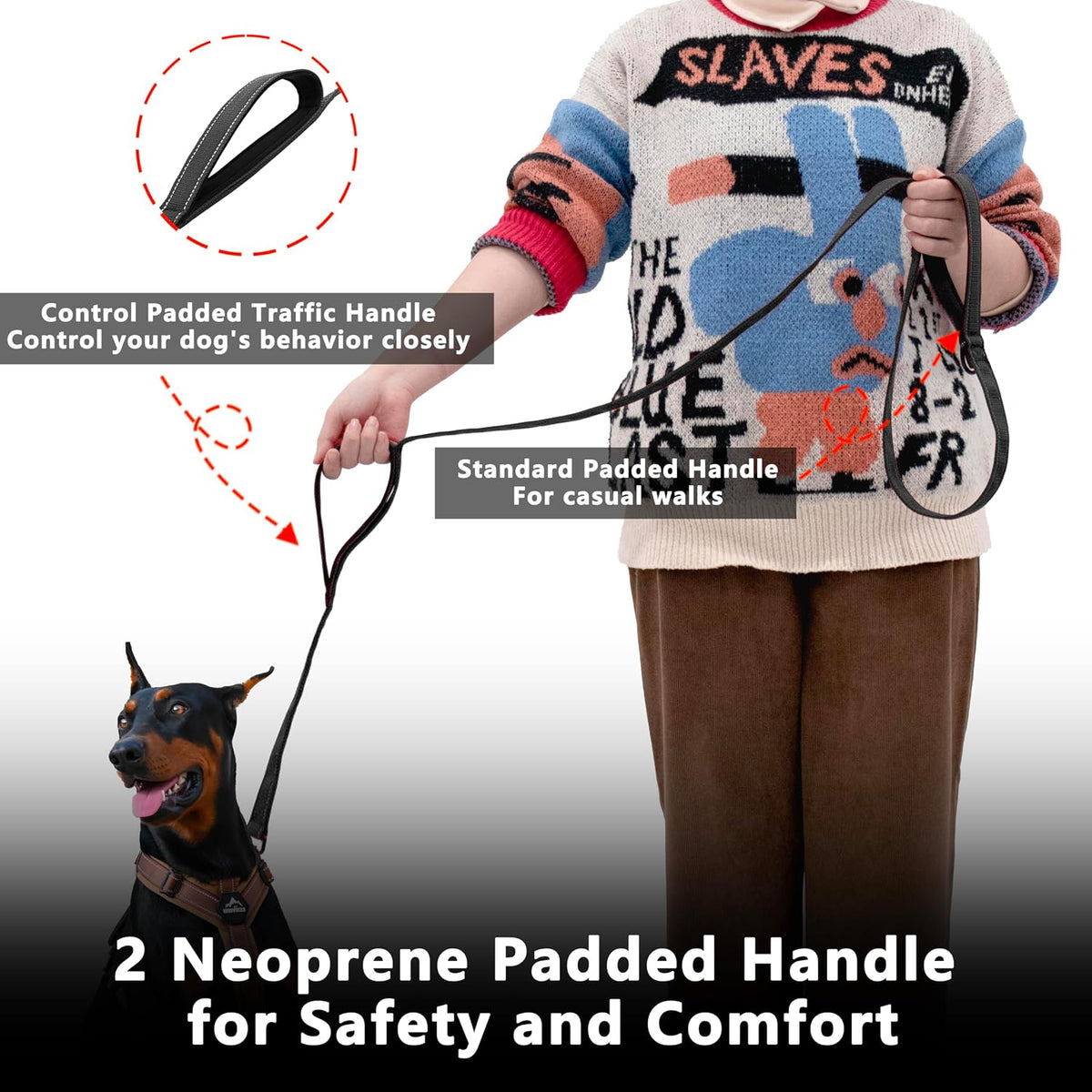 Close up of the soft neoprene padding on the dual handles of the black nylon dog leash