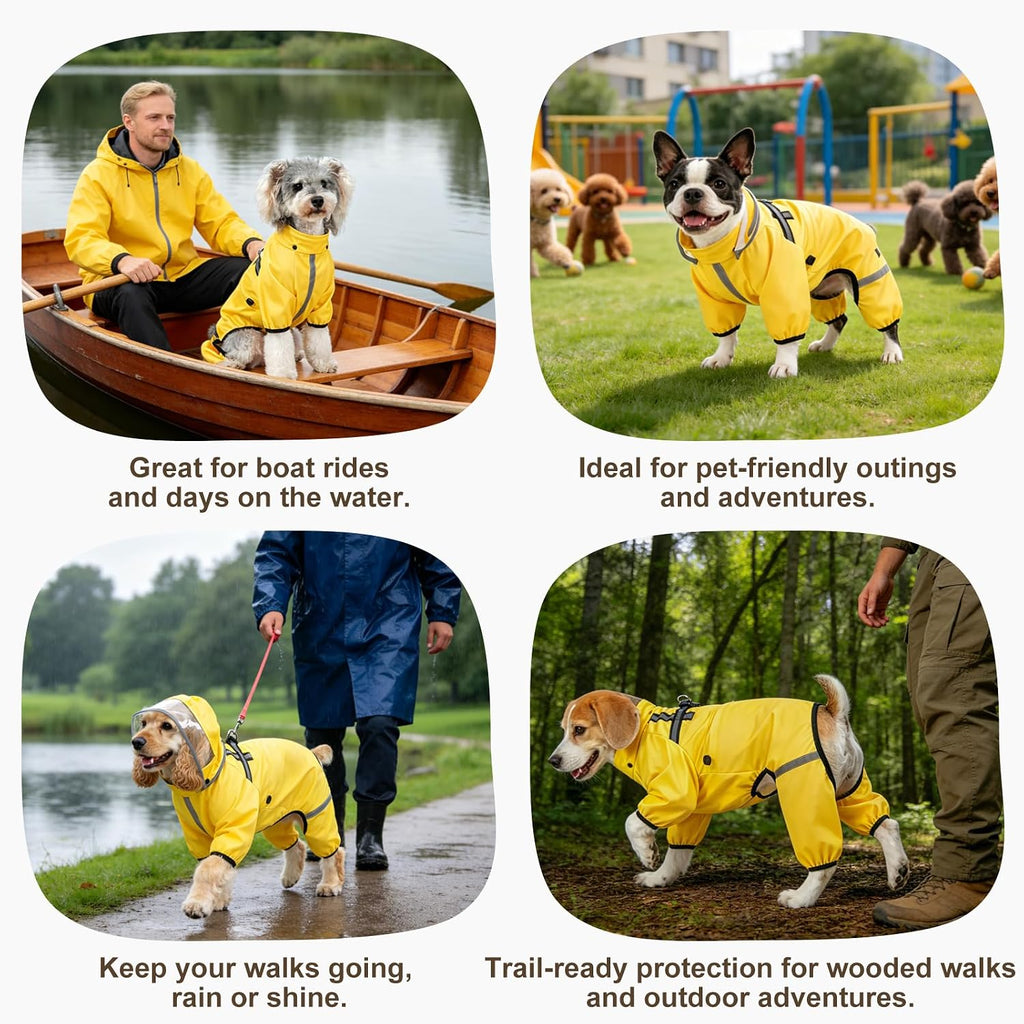 Adjustable abdomen drawstring tunnel on dog wet weather gear