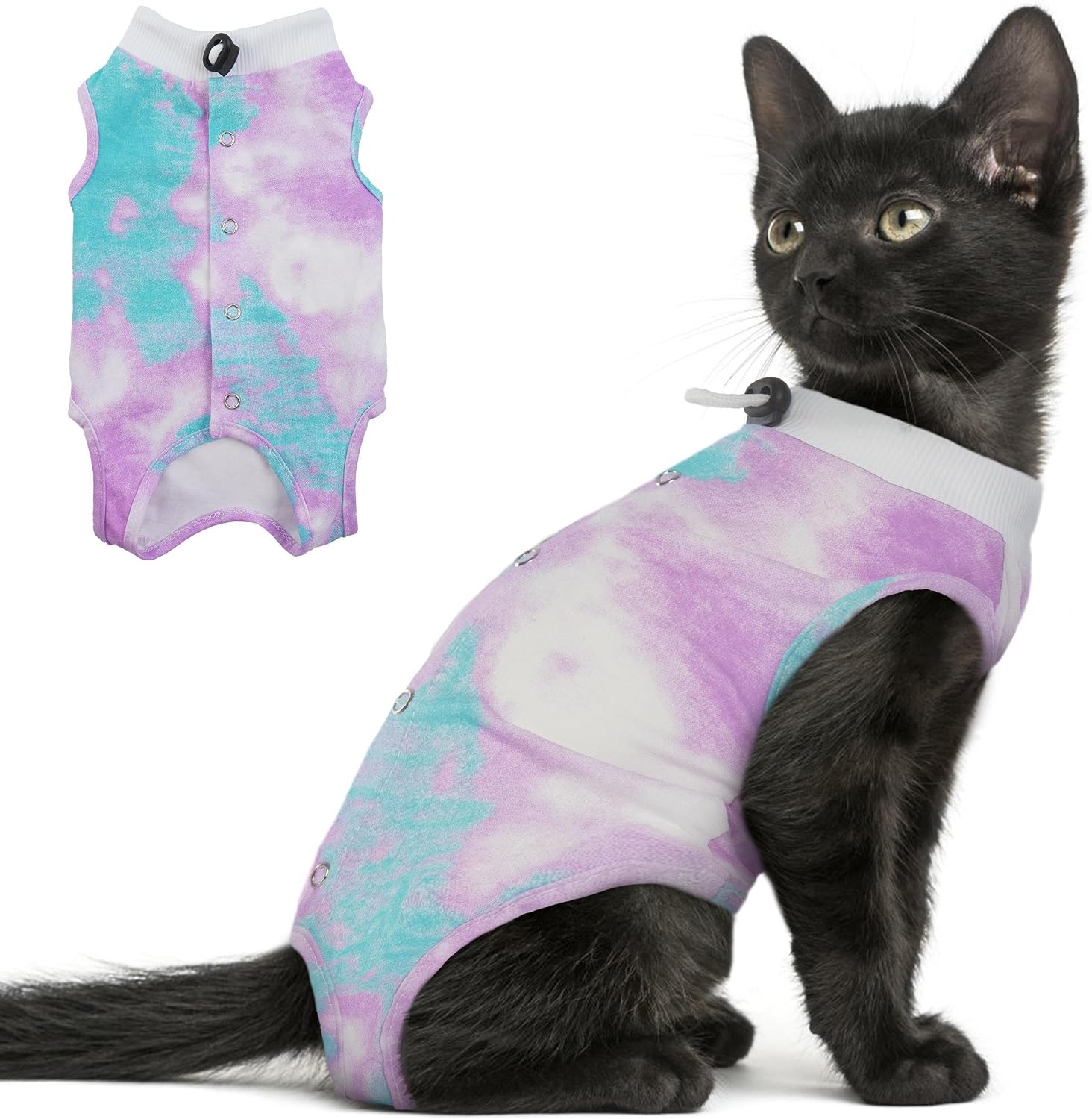 PUMYPOREITY cat recovery suit purple small front view on a kitten