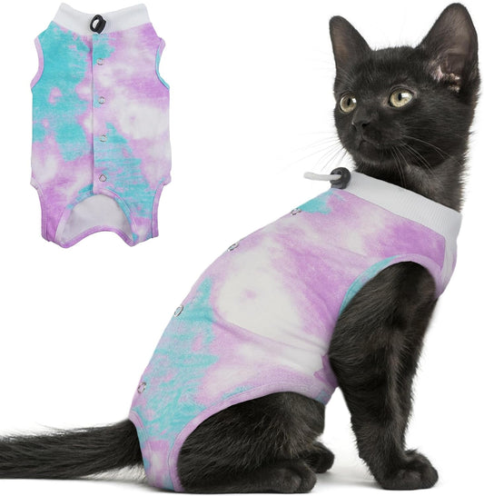 PUMYPOREITY cat recovery suit purple small front view on a kitten