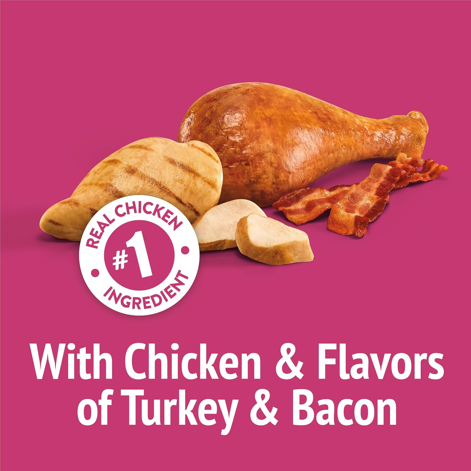 Purina crunchy cat treats real chicken turkey and bacon flavors close up