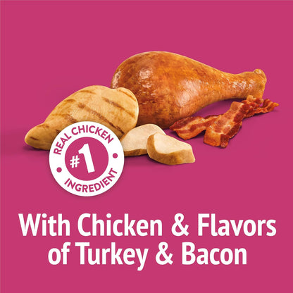 Purina crunchy cat treats real chicken turkey and bacon flavors close up