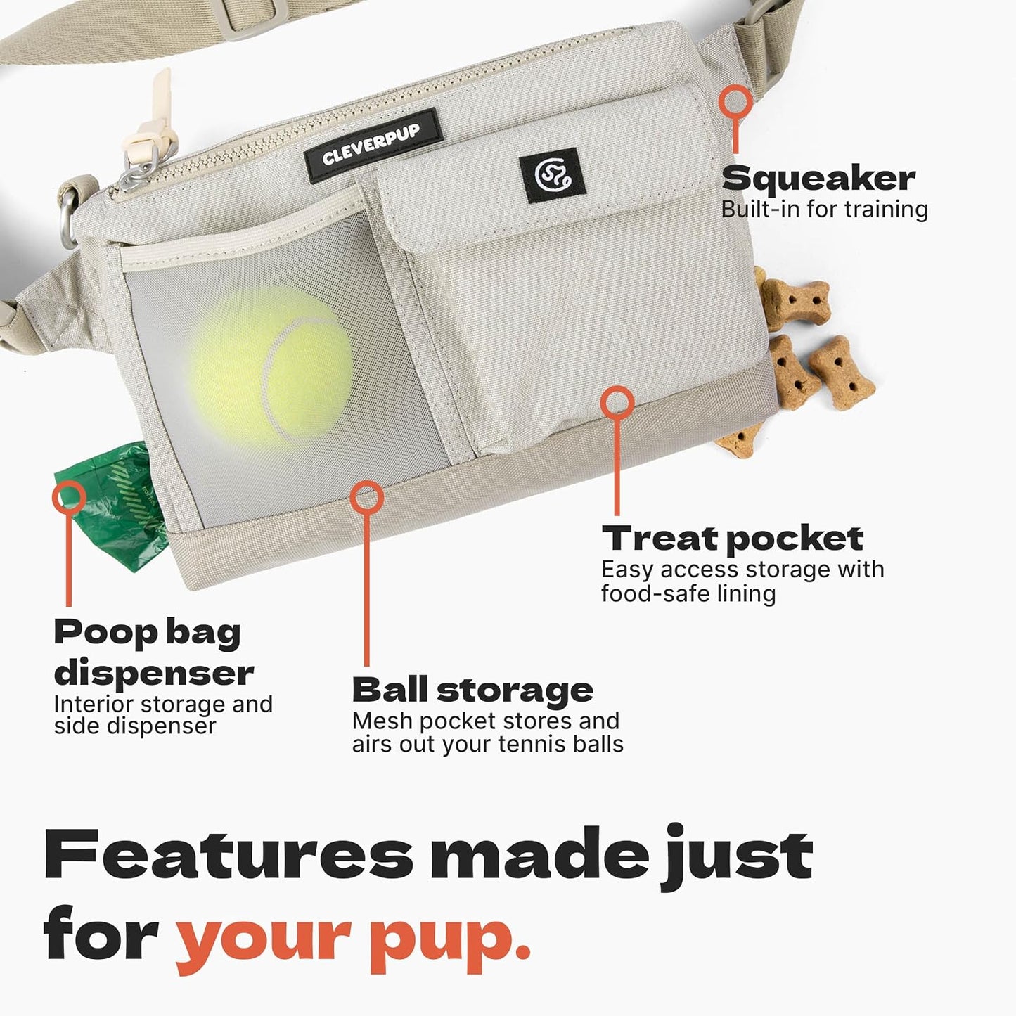 Cleverpup premium dog walking accessory bag with mesh tennis ball pocket