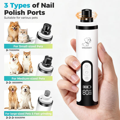 Close up of cordless nail grinder used on dog paw.