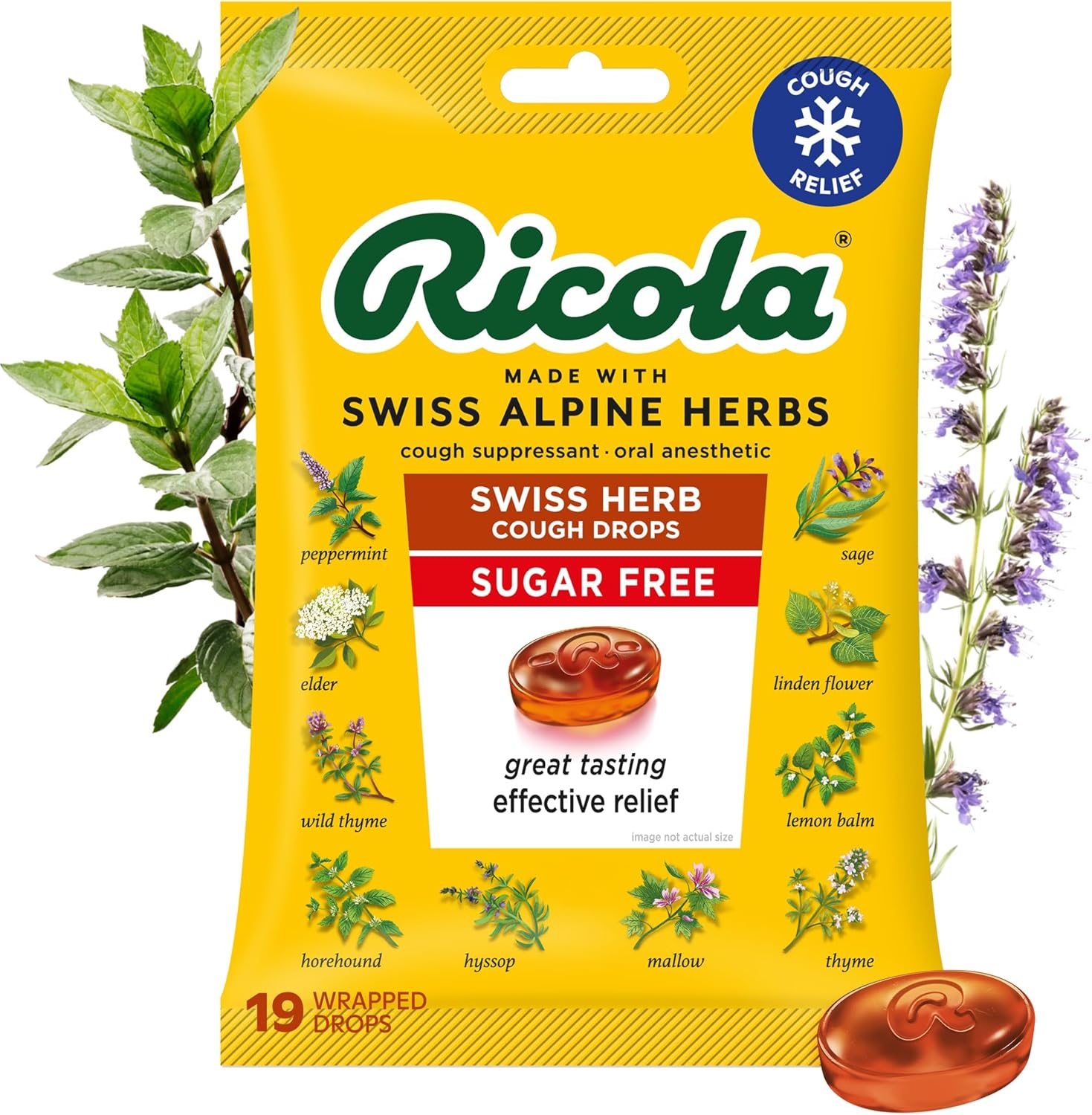 Ricola Swiss Herb Sugar Free Cough Drops 19 Count front packaging showing the classic herbal logo.