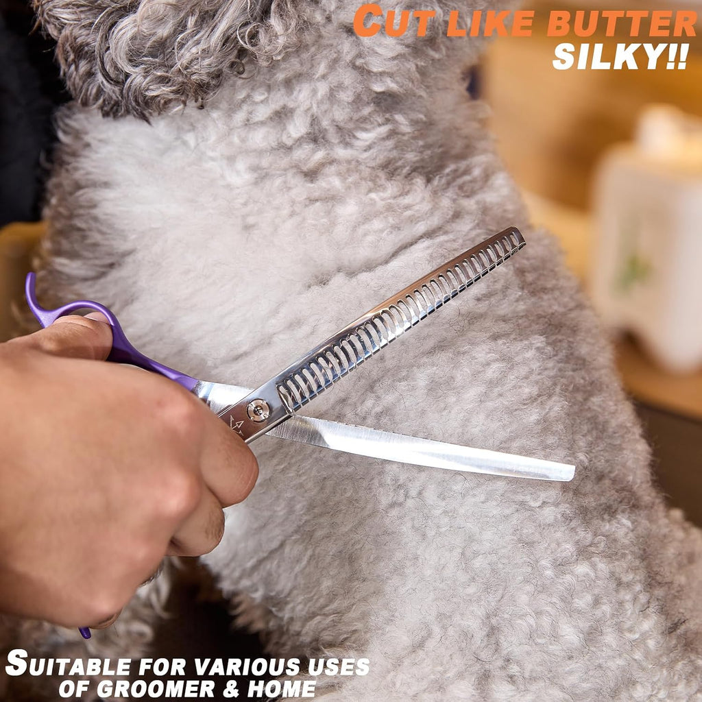 Fengliren curved thinning scissors showing the razor sharp cutting edges designed for dog coat bulk removal.