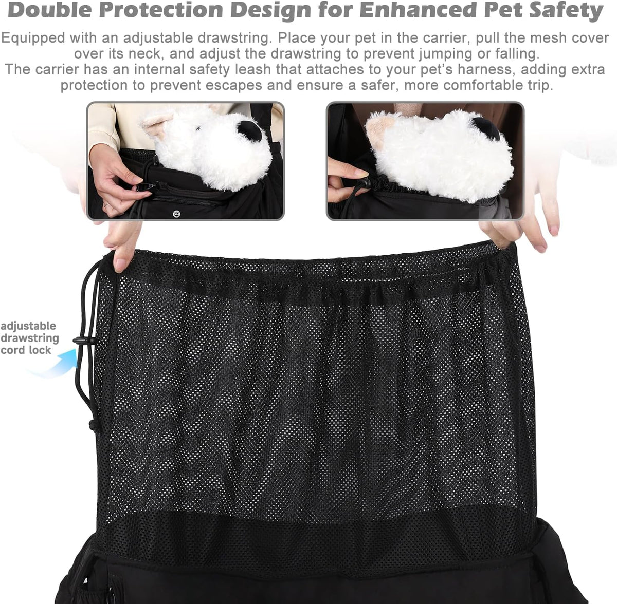 Adjustable strap detail on black CleverCode pet carrier