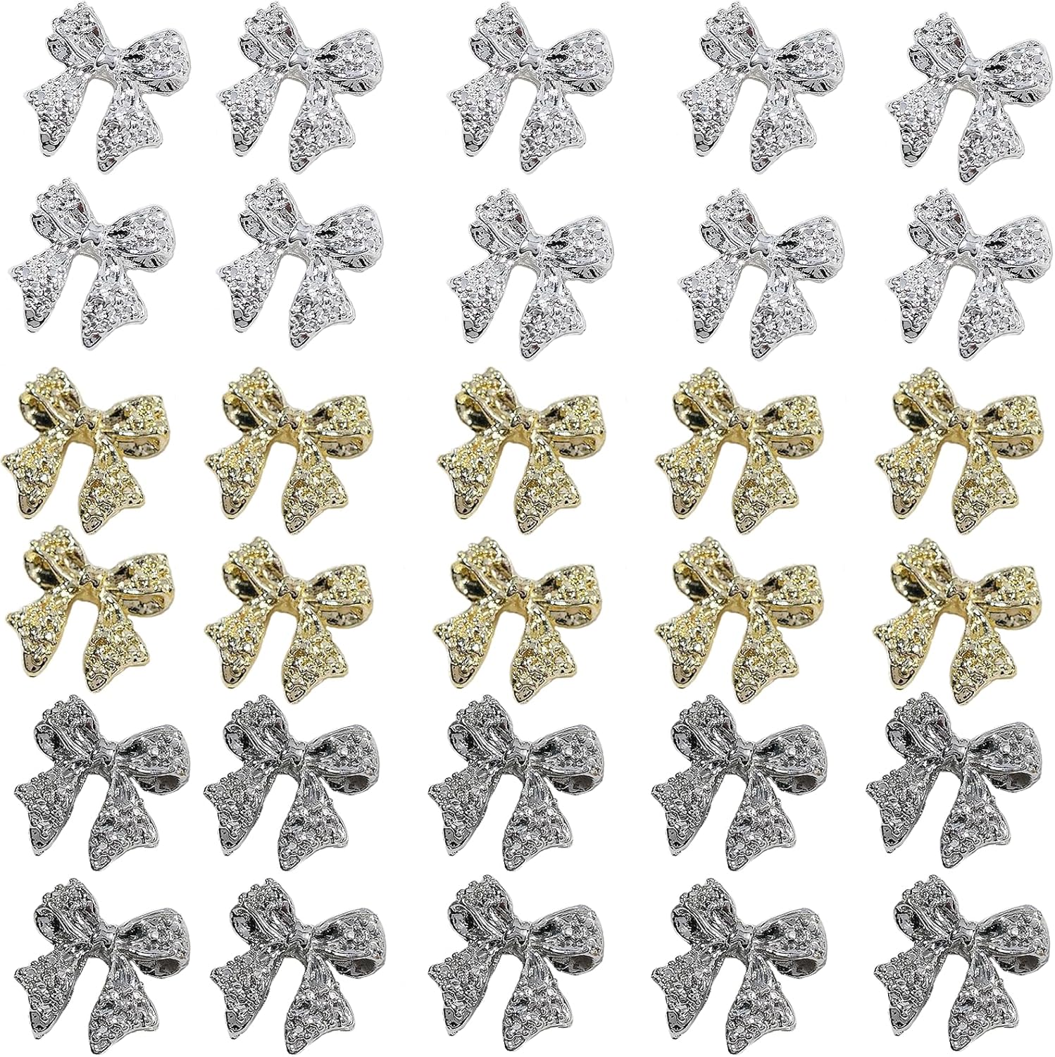 Sevgob 3D metal bow nail charms front view showcasing gold and silver metallic finishes.