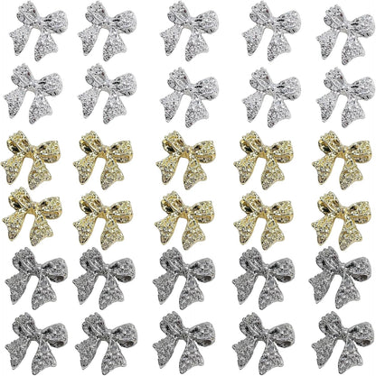 Sevgob 3D metal bow nail charms front view showcasing gold and silver metallic finishes.