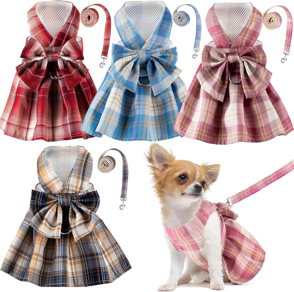 Potchen plaid dog dress harness and leash set front view on small puppy.