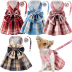 Potchen plaid dog dress harness and leash set front view on small puppy.