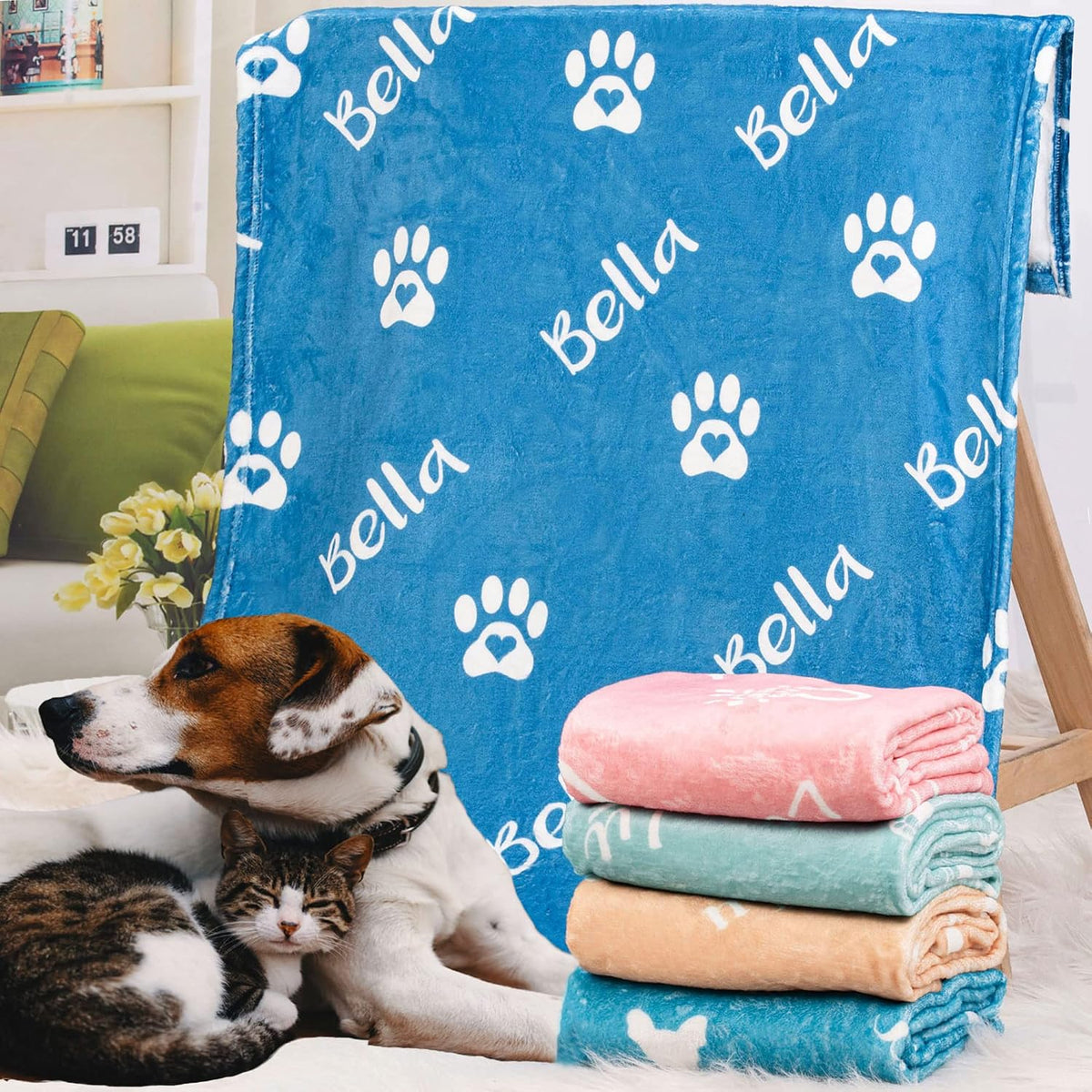 Art Lunic personalized dog blanket front view showing custom name embroidery on soft flannel fabric.