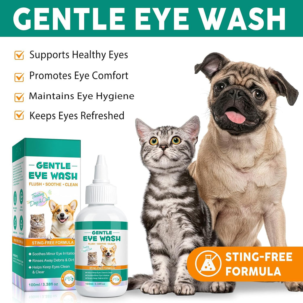 Oimmal pet eye wash treatment being applied to a dog with eye discharge.