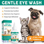 Oimmal pet eye wash treatment being applied to a dog with eye discharge.