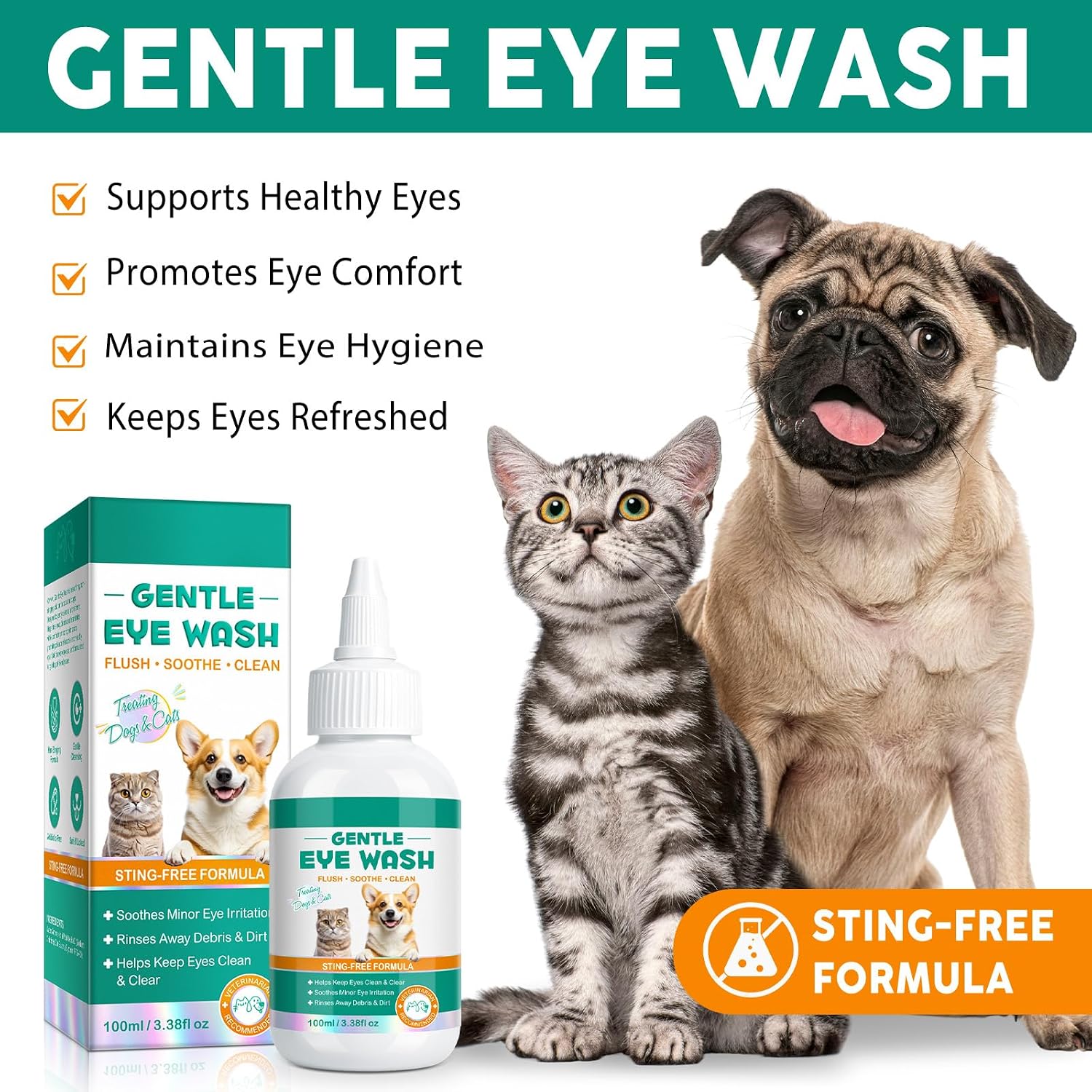 Oimmal pet eye wash treatment being applied to a dog with eye discharge.