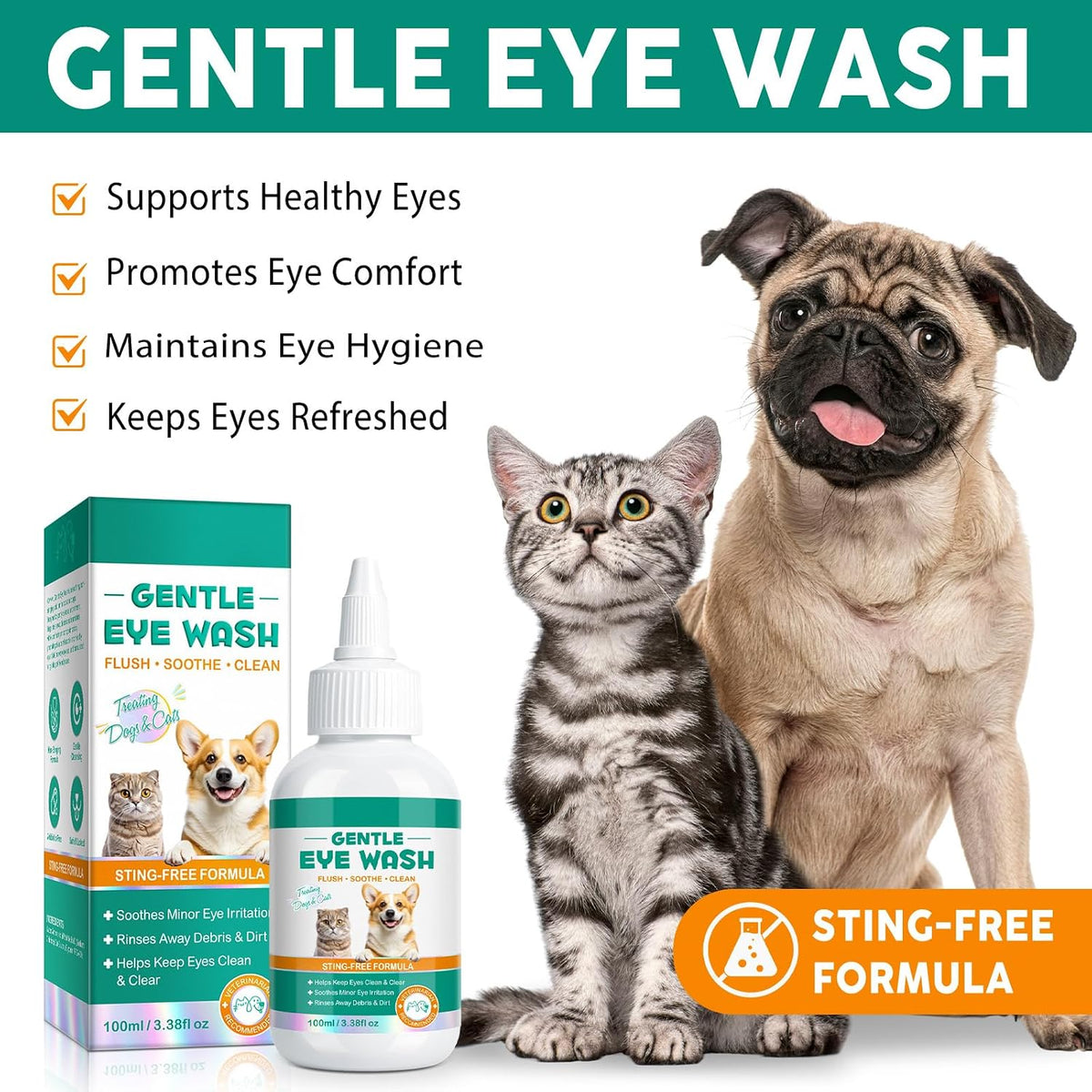 Oimmal pet eye wash treatment being applied to a dog with eye discharge.