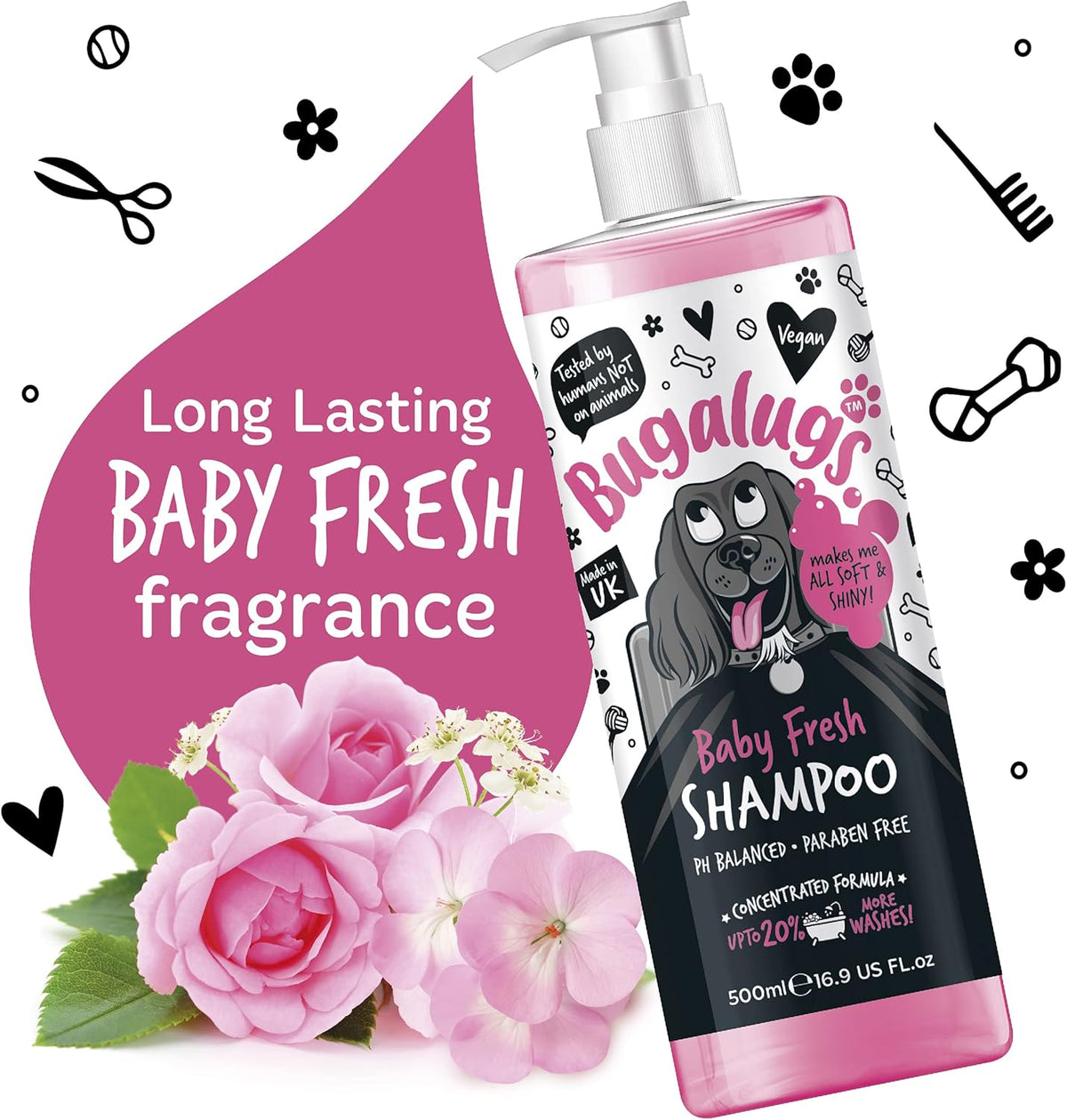 Close up of Bugalugs baby powder scented dog shampoo branding