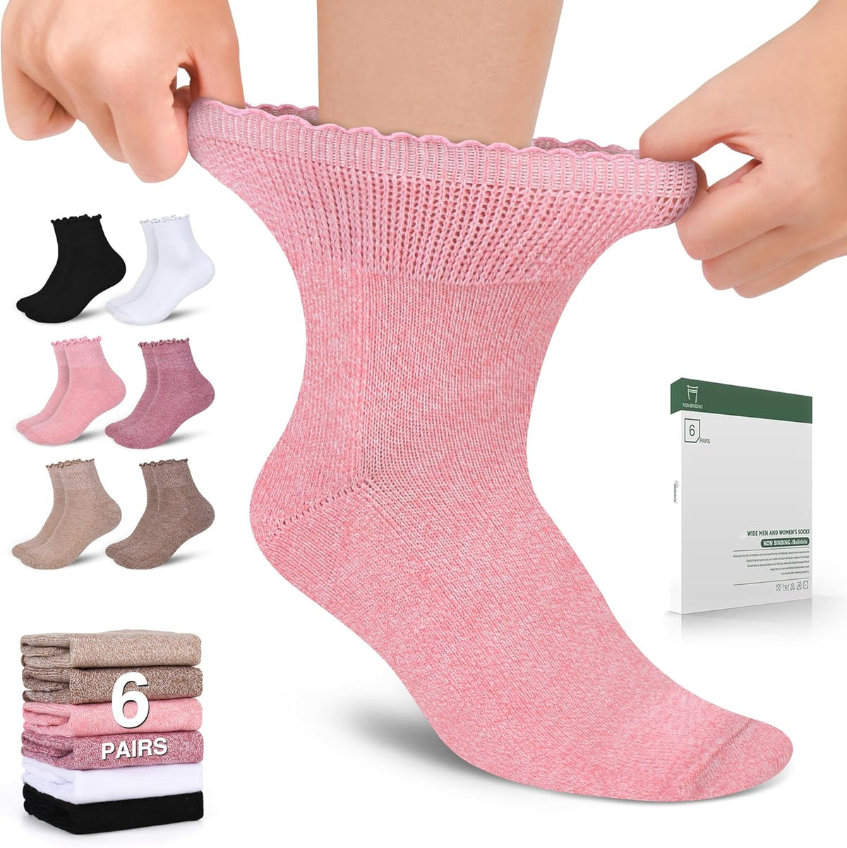Bulinlulu women's diabetic socks 6 pairs front view showing pink non-binding ankle design.