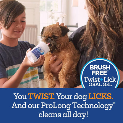 Dog licking Vetality dental gel from applicator