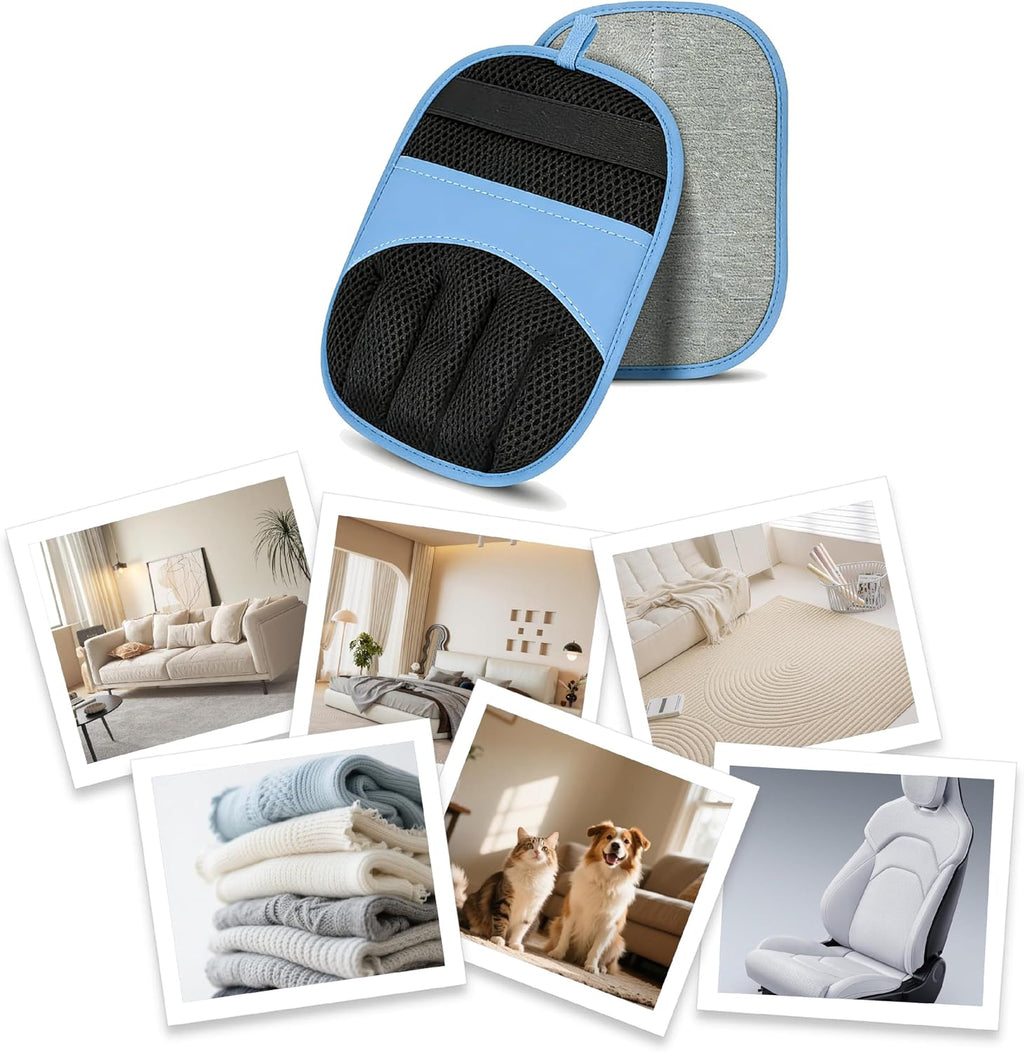 Reusable hair removal mitt clearing cat fur off sofa cushion
