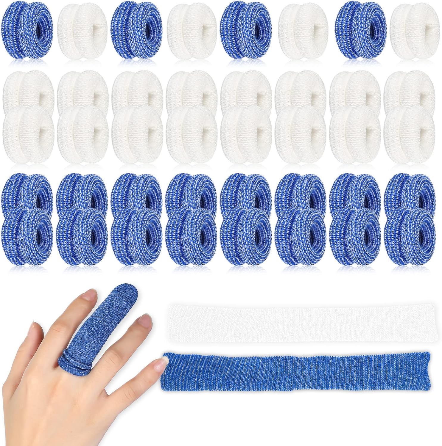Nuanchu 40 Pieces Finger Bandage front view of white and blue tubular cotton cots