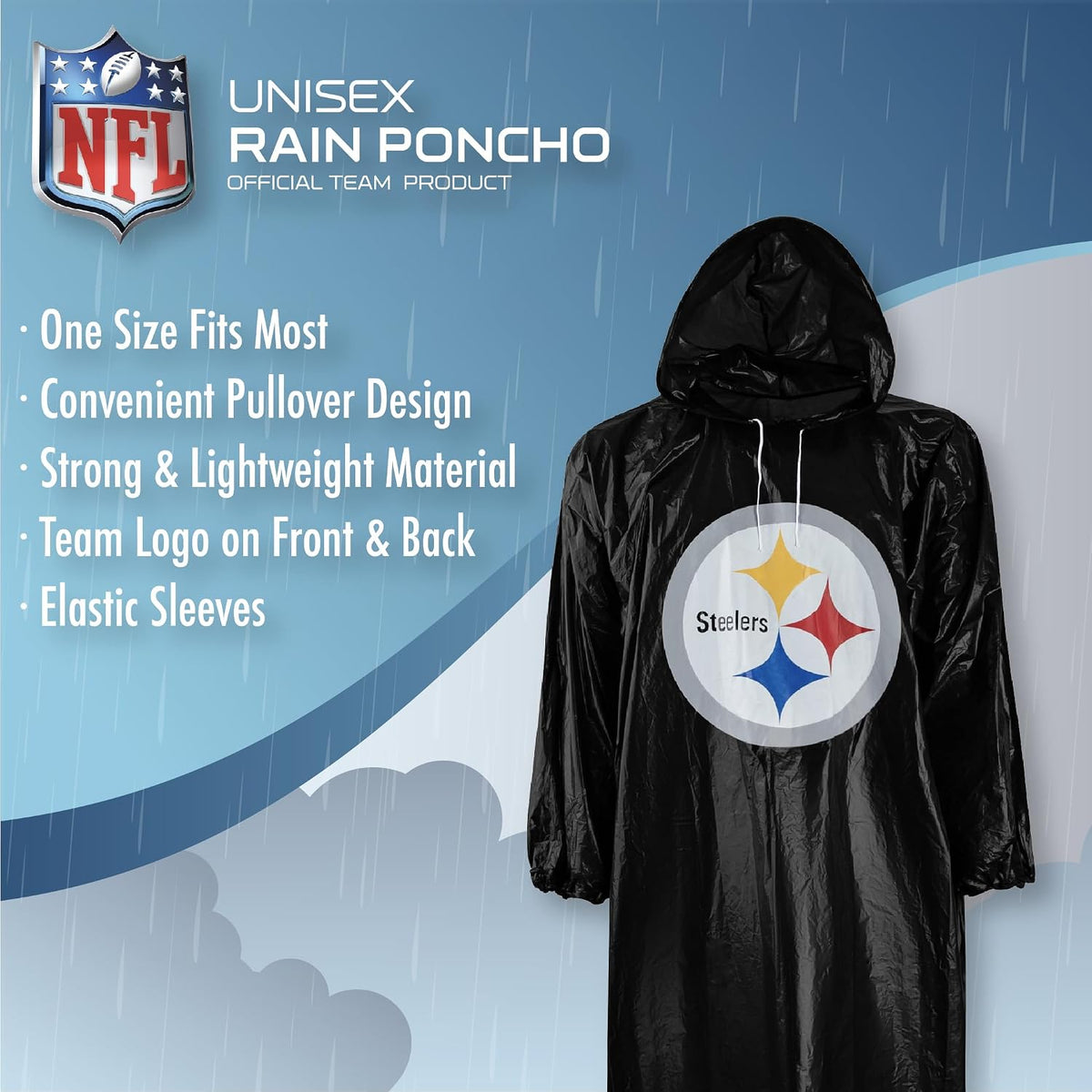 NFL Waterproof Rain Poncho for Adults, Sporty, Elastic Sleeves and Drawstring Hood, Unisex Rain Coat - Image 5