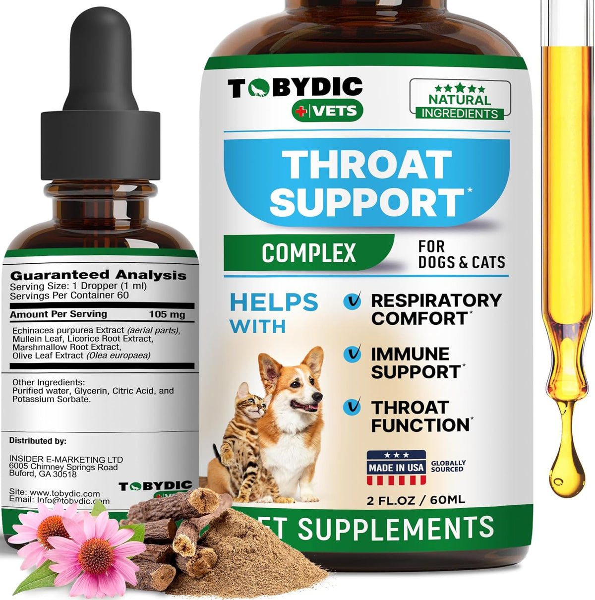 Tobydic Dry and Wet Kennel Cough Natural Relief bottle front view showing herbal respiratory liquid supplement for pets.
