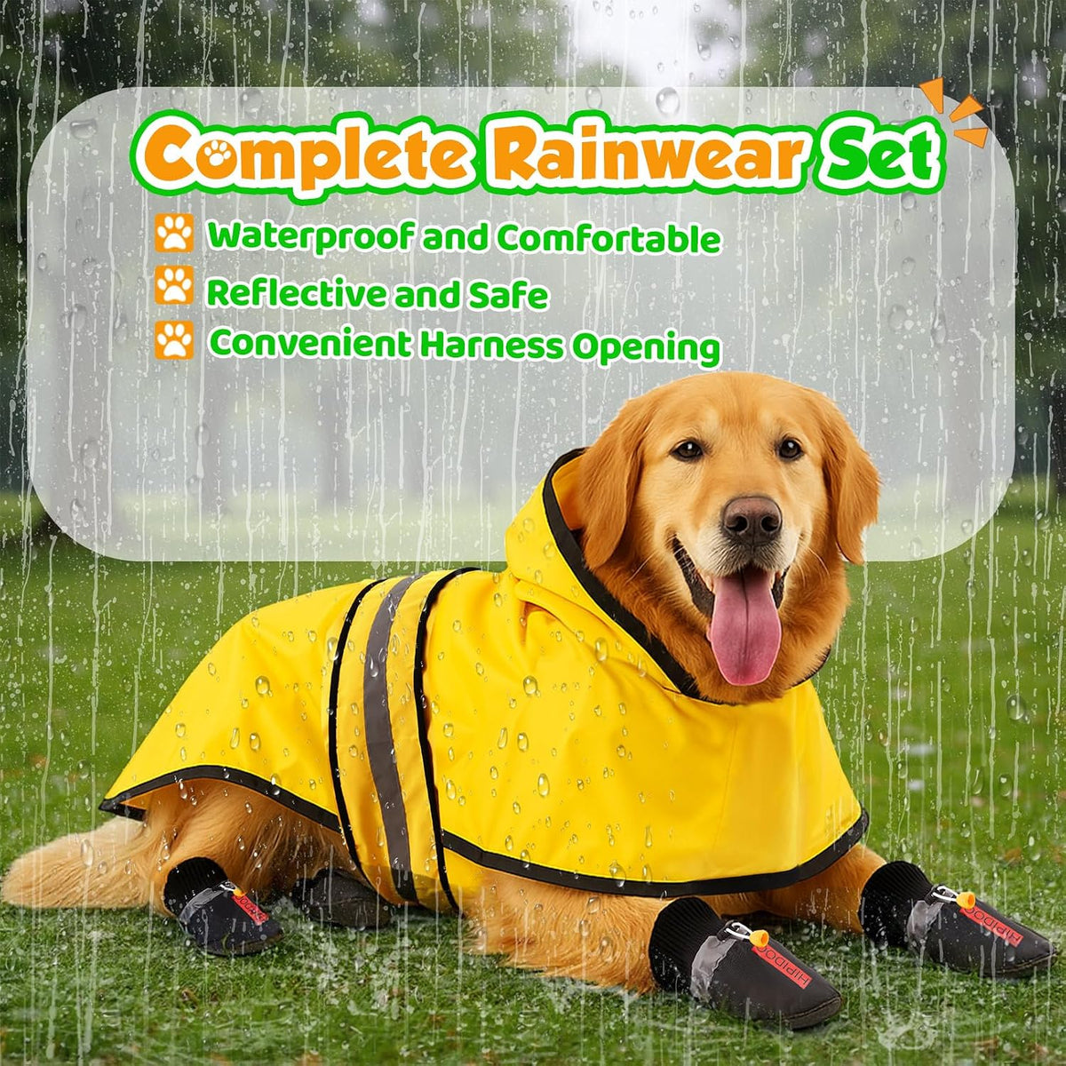 Side view of a small dog wearing the full yellow rainwear set.