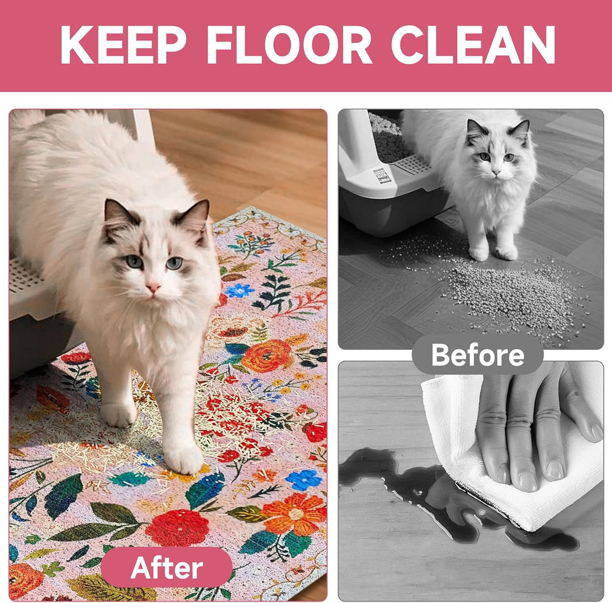 Waterproof non slip cat floor mat backing protecting wooden flooring from liquids