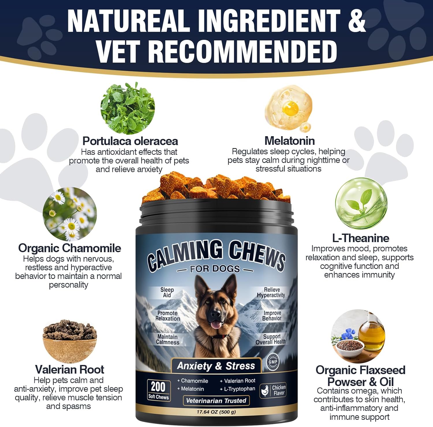 Side view of premium USA imported dog supplements container for stress relief.