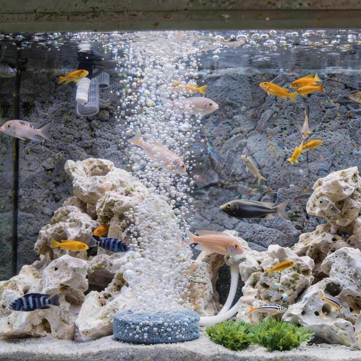 Silicon carbide round air stones generating fine oxygen bubbles inside an active freshwater aquarium.