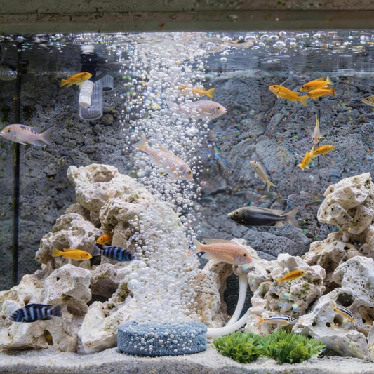 Silicon carbide round air stones generating fine oxygen bubbles inside an active freshwater aquarium.