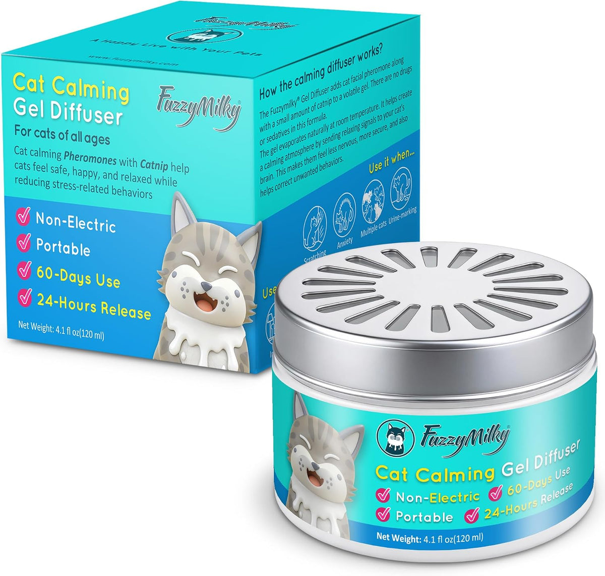 FuzzyMilky Cat Pheromone Calming Diffuser Gel front packaging view for feline anxiety relief.