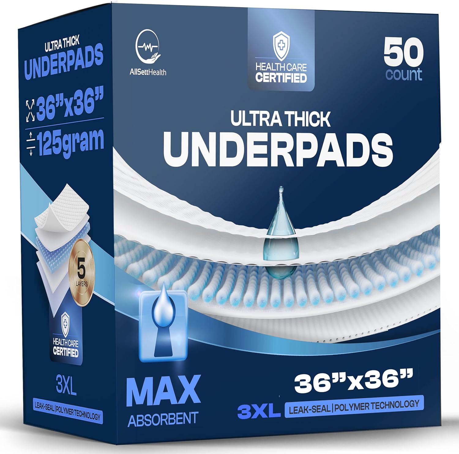 AllSett Health disposable incontinence bed pads front packaging view