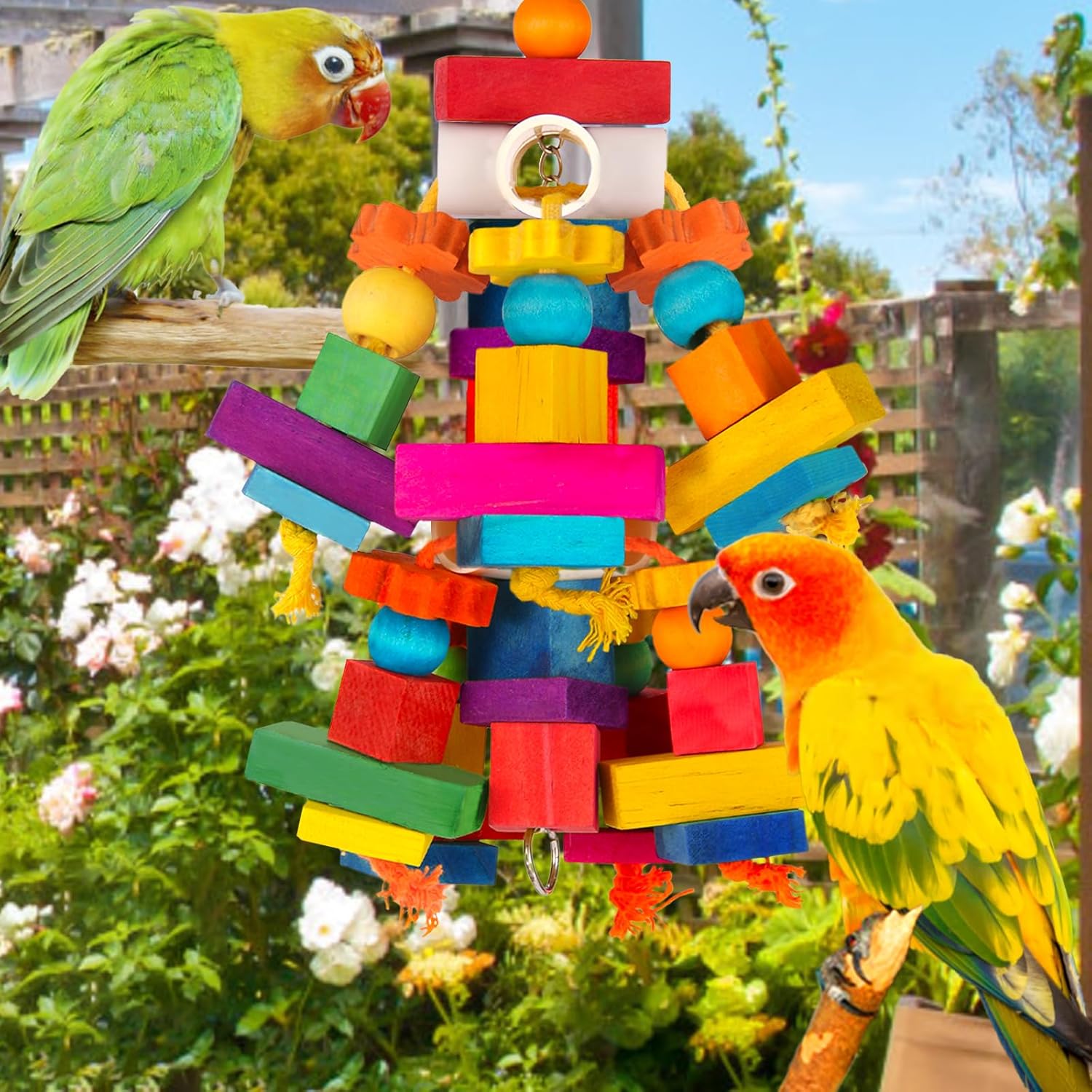 Vibrant bird cage enrichment toy by Kyouki for cockatoos and conures.