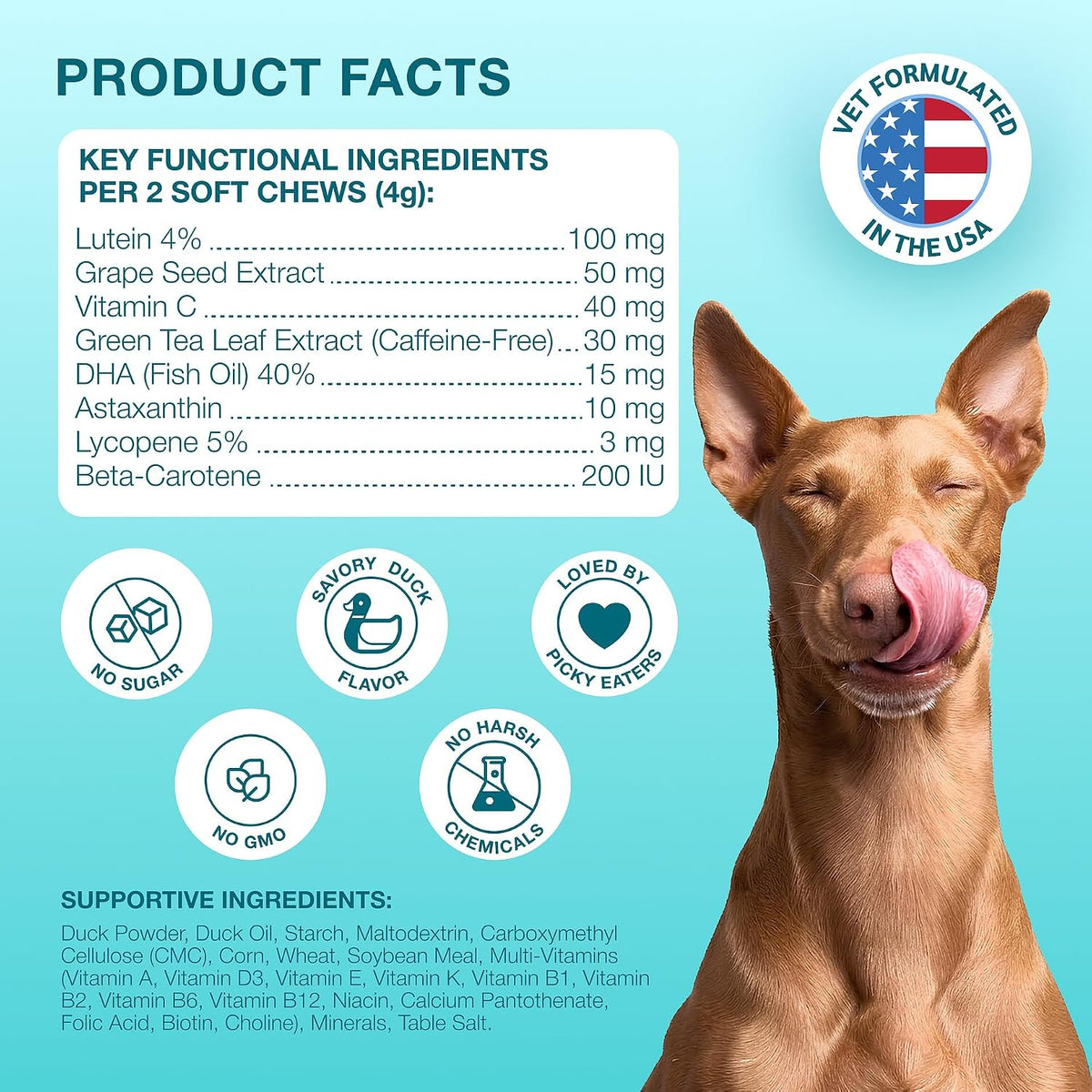 Clear Vision Eye Vitamins for Dogs - 4in1 Lutein, Lycopene, Vitamin C, Carrot & Fish Oil Vision Support for Senior & Adult Dogs with Cloudy Eyes & Tear Stains, Soft Duck Chews, 120 Tasty Treats - Image 9