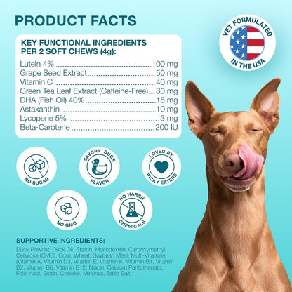 Clear Vision Eye Vitamins for Dogs - 4in1 Lutein, Lycopene, Vitamin C, Carrot & Fish Oil Vision Support for Senior & Adult Dogs with Cloudy Eyes & Tear Stains, Soft Duck Chews, 120 Tasty Treats - Image 9
