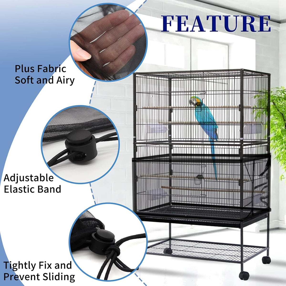 Black bird cage equipped with Daoeny seed catcher skirt