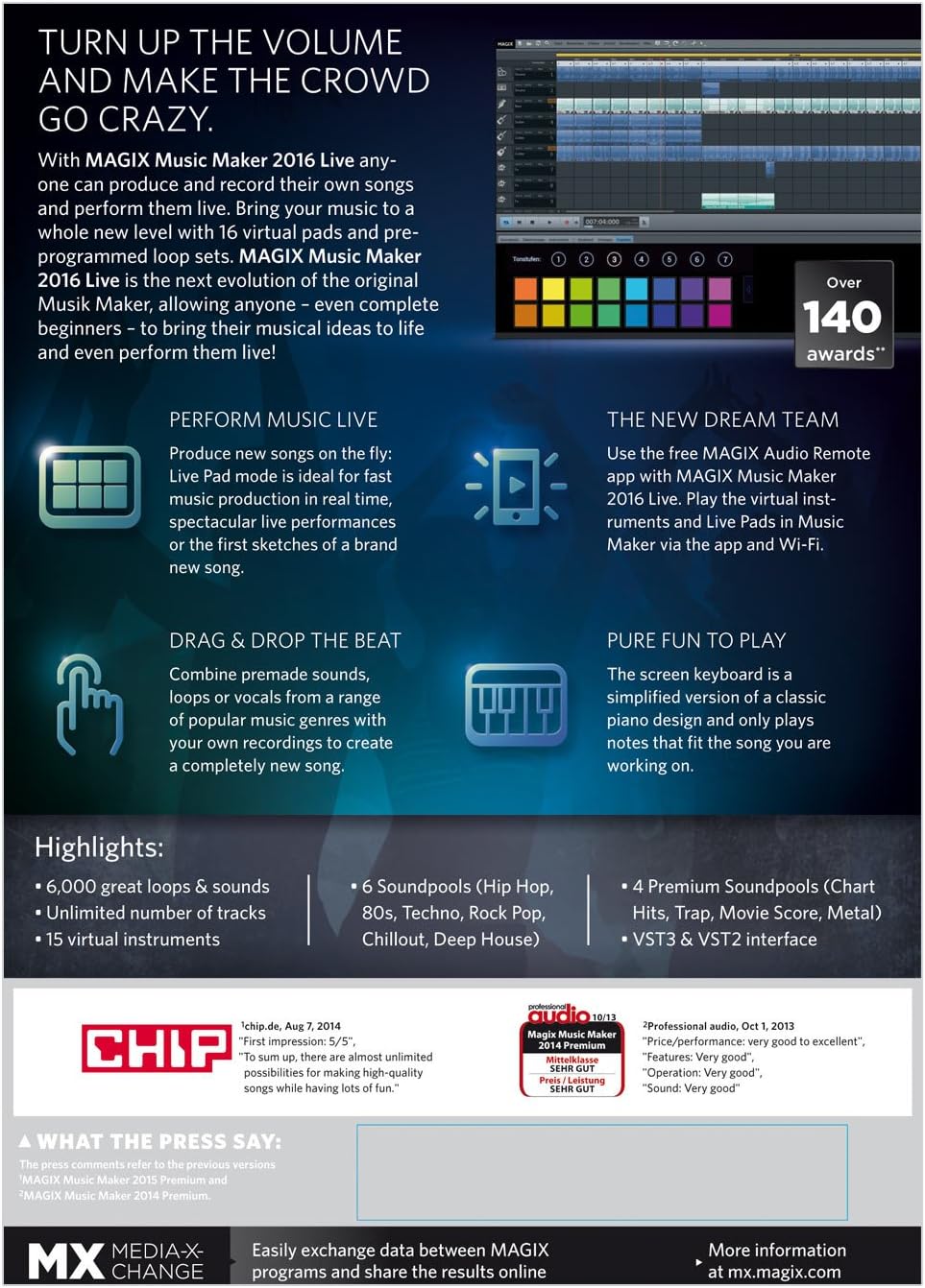 MAGIX music production software interface illustrating the sixteen virtual live pads setup.