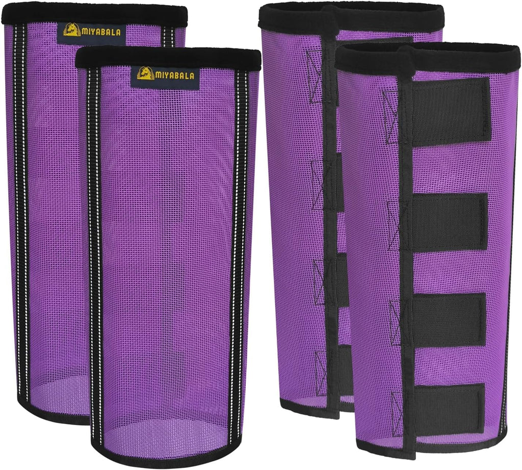 MIYABALA fly boots for horses front view showing purple mesh fabric and secure velcro fasteners.