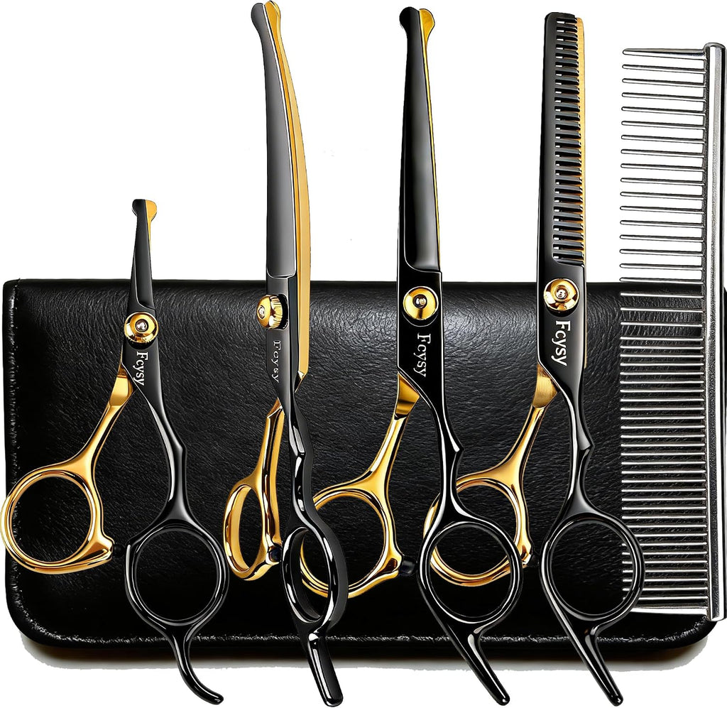 Fcysy professional pet grooming scissors kit front view featuring straight and curved stainless steel shears.