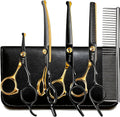 Fcysy professional pet grooming scissors kit front view featuring straight and curved stainless steel shears.