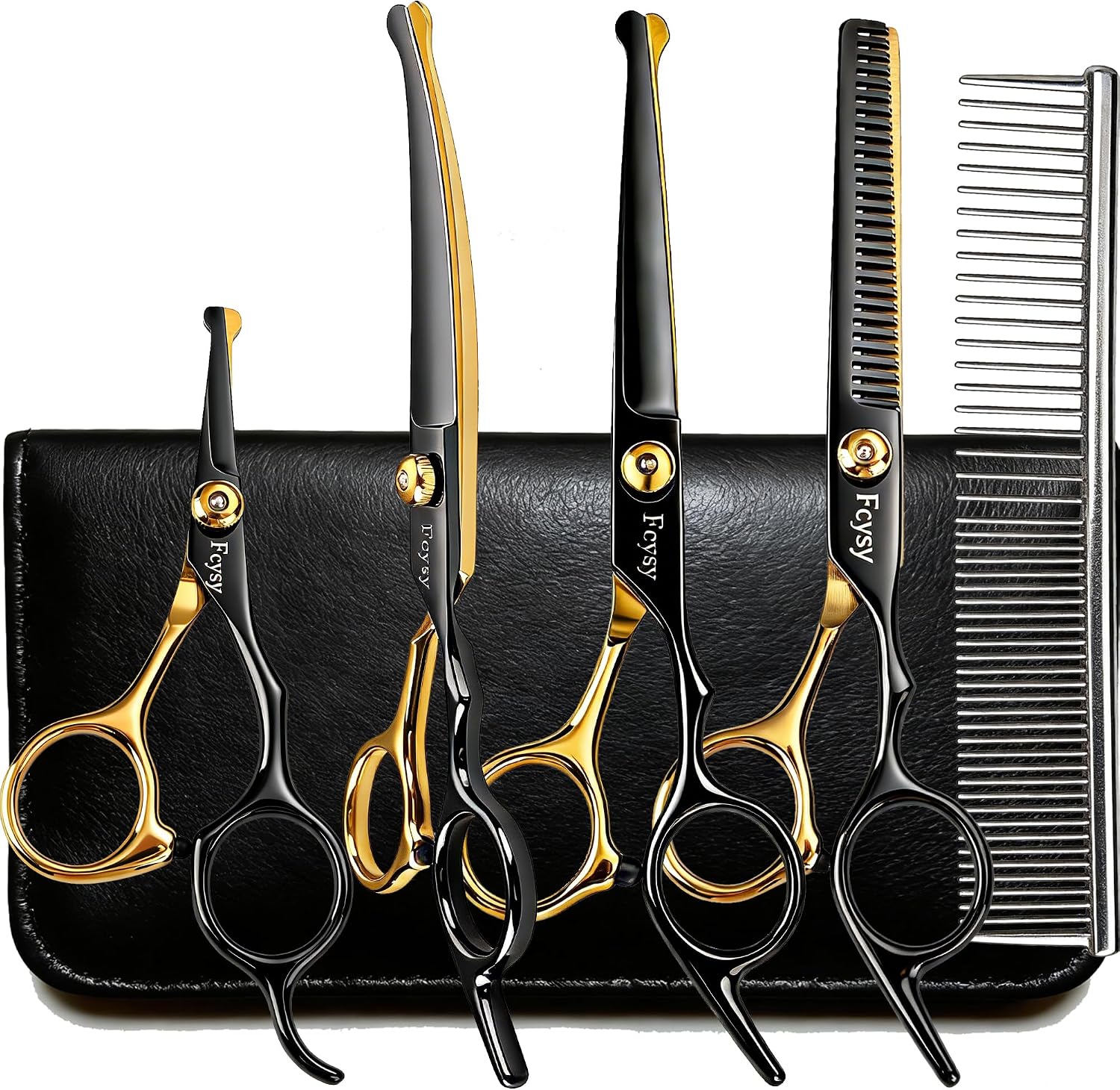 Fcysy professional pet grooming scissors kit front view featuring straight and curved stainless steel shears.
