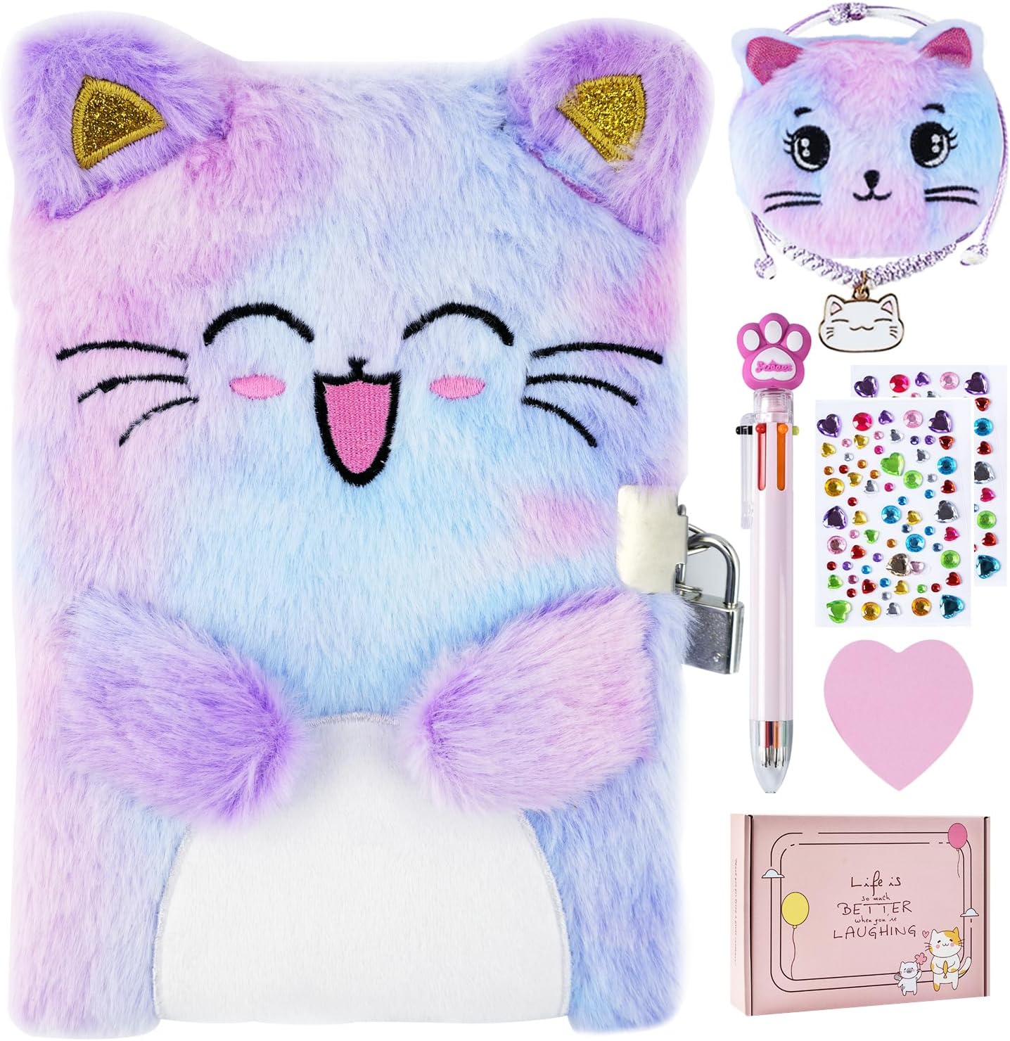 Pjdrllc cat diary with lock front view showing plush cover