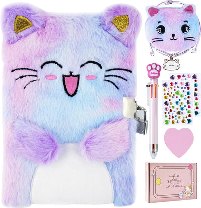 Pjdrllc cat diary with lock front view showing plush cover